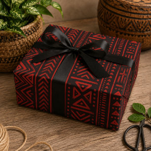 Papel De Presente Afrocentrico Geométrico Tribal Vermelho e Preto em
