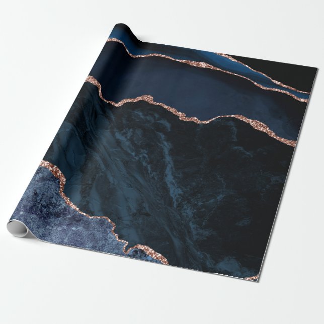 Papel De Presente Ágata Azul Marinho Brilho de Falso Ouro Rosa (Desenrolado)