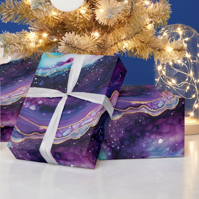 Papel De Presente Ágata Celestial Abstrata Redemoinhos Roxo Azul Dou (Feriados)