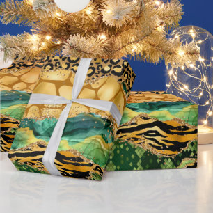 Papel De Presente Ágata de Impressão de Animal Safari Dourado e Verd