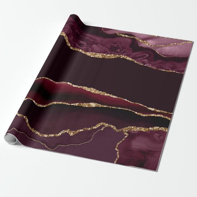Papel De Presente Ágata Vermelha Borgonha Brilho Dourado Falso (Desenrolado)