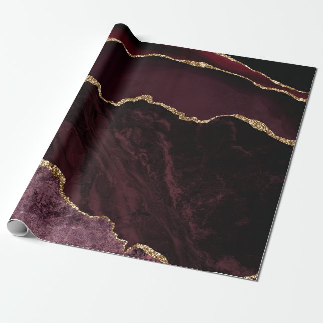 Papel De Presente Ágata Vermelha Borgonha Brilho Dourado Falso (Desenrolado)