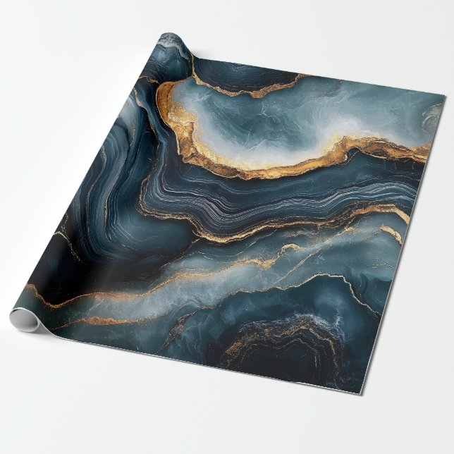Papel De Presente Agate Geode Dourado e Marinho Blue Marble (Desenrolado)