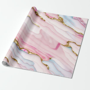 Papel De Presente Agate Marble Trendy Blue Coleção Dourada Rosa