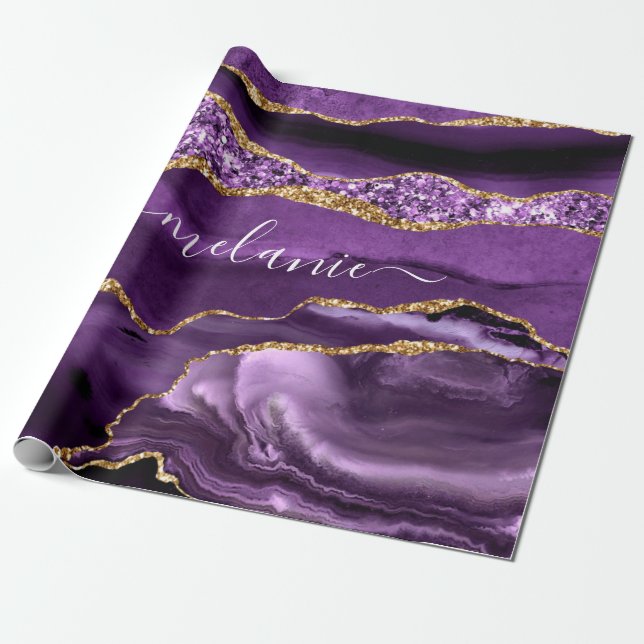 Papel De Presente Agate Roxo Marble Seu Nome Texto Molhando Papel (Desenrolado)