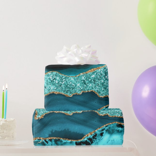 Papel De Presente Agate Teal Blue Glitter Marble Aqua Turquoise (Presentes para festas)