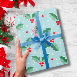 Papel De Presente Agradáveis Bagas de Azevinho Natal luz azul