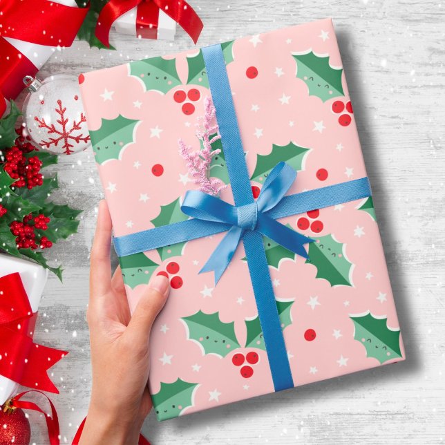 Papel De Presente Agradáveis Bagas de Azevinho Natal rosa (Criador carregado)