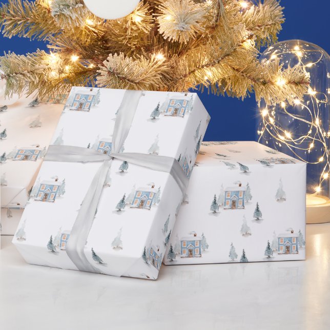Papel De Presente Água Azul Casa e Árvores Neves Natal (Feriados)