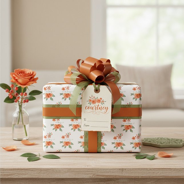 Papel De Presente Água cor laranja floral personalizado   (Criador carregado)