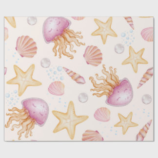 Papel De Presente Água-forte Água-viva Rosa e Estrela-do-Mar Dourada