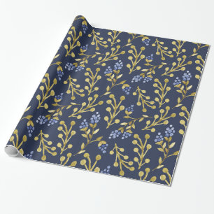 Papel De Presente Água-forte Azul-Marinho Floral de Frutas
