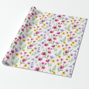 Papel De Presente Aguarela Floral Amarela, Roxa, Rosa Bonita