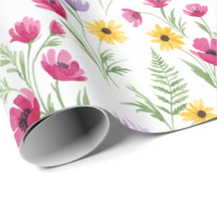 Papel De Presente Aguarela Floral Amarela, Roxa, Rosa Bonita