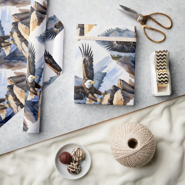 Papel De Presente Águia Careca em Estilo Aquarela Voando Falésia (Artesanato)