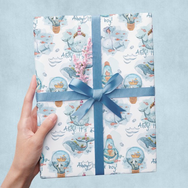 Papel De Presente Ahoy, é um Chá de fraldas de baleia giro (Ahoy It's A Boy Cute Whale Baby Shower Wrapping Paper
)