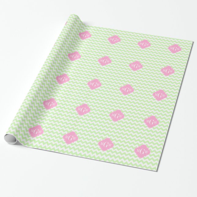 Papel De Presente Aipo Whevron Cor-de-rosa Quatrefoil 3 Monograma (Desenrolado)
