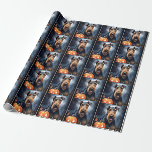 Papel De Presente Airedale de Halloween com Abóboras Assustador
