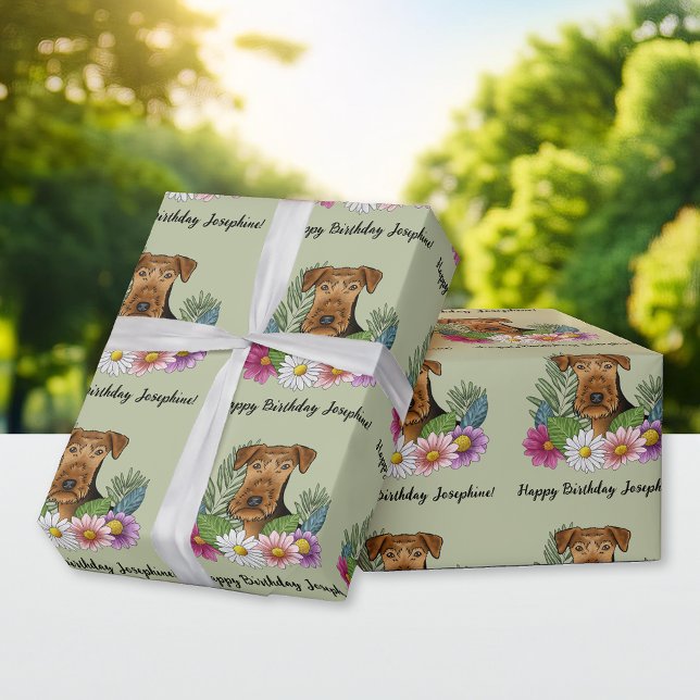 Papel De Presente Airedale Terrier Colorful Flowers Birthday Green (Criador carregado)