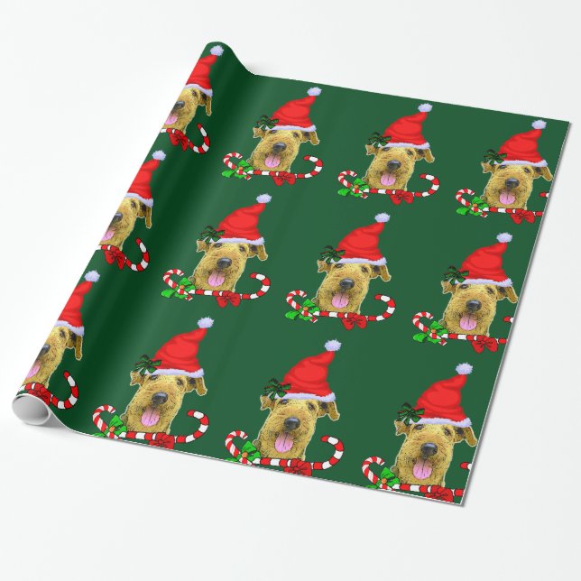 Papel De Presente Airedale Terrier Santa Hat Natal (Desenrolado)