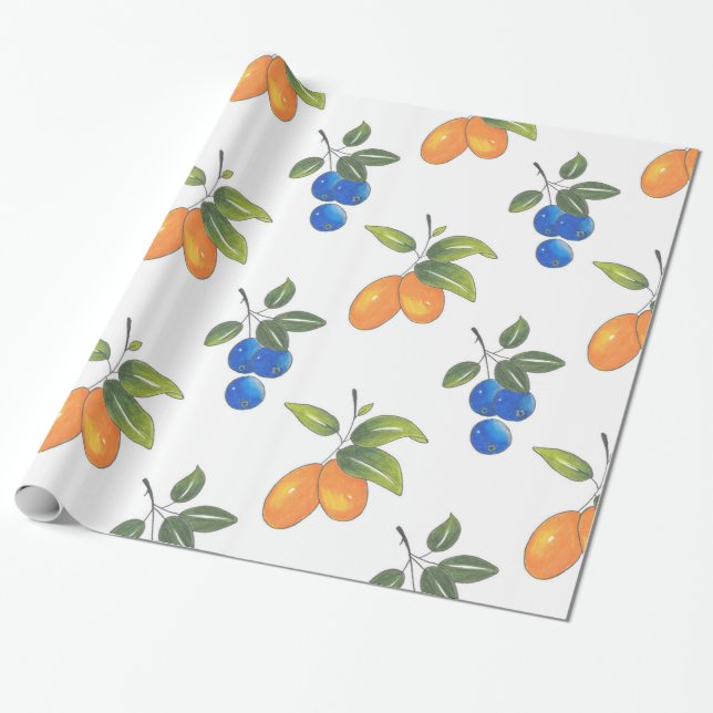 Papel De Presente Airelas Desenhadas Mão e Padrão de Kumquats (Desenrolado)