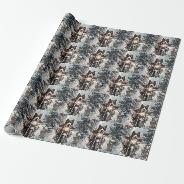 Papel De Presente Akita Americano Andando de Motocicleta Natal  (Desenrolado)