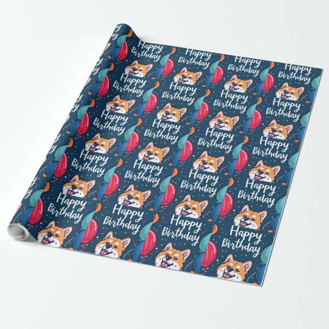 Papel De Presente Akita com Balões de Aniversário (Desenrolado)