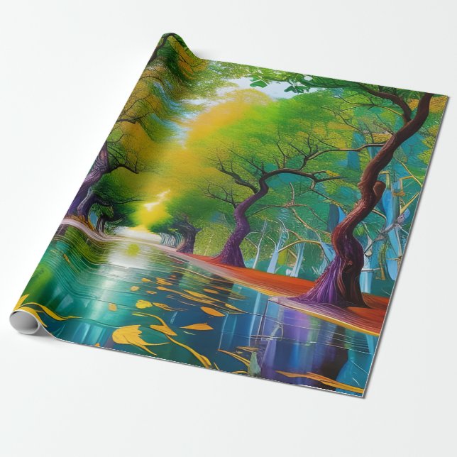 Papel De Presente Alameda de árvores folhas de outono (Desenrolado)