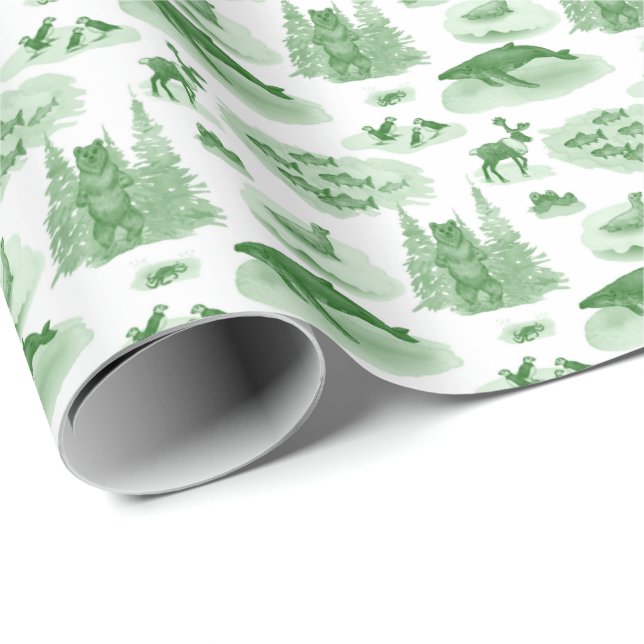 Papel De Presente Alaska Animal Toile (Emerald Green) (Ponta do rolo)