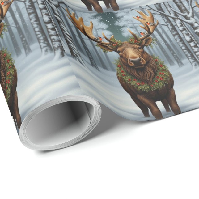 Papel De Presente Alce de Natal rústico floresta de madeira de inver (Ponta do rolo)