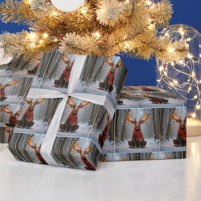 Papel De Presente Alce de Natal Vestindo Cachecol e Luzes (Feriados)