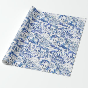 Papel De Presente Aldeia Costeira Mediterrânea Azul e Branco Toile