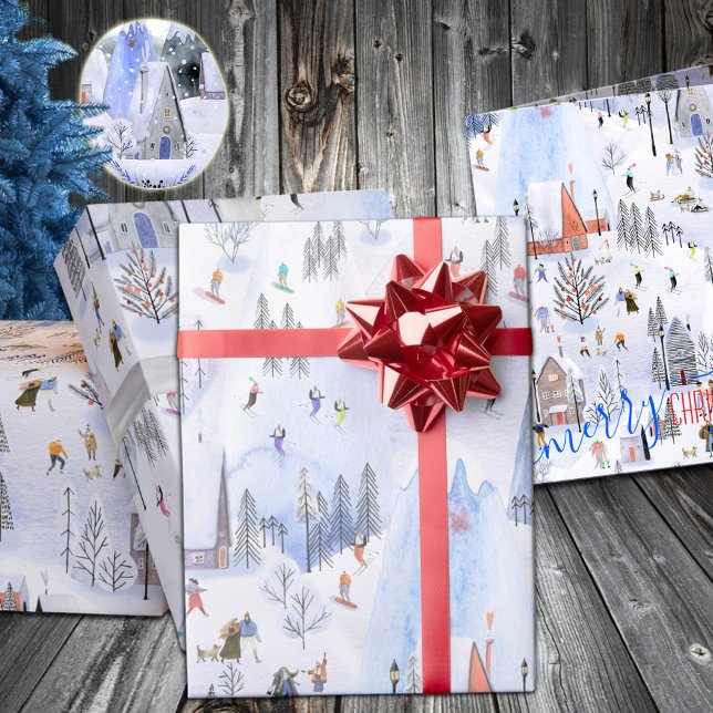 Papel De Presente Aldeia de Esqui Montanha Ocupada (Mountain Ski Village Holiday Gift Wrapping Paper in 6 & 15 foot long 30 inch wide rolls)