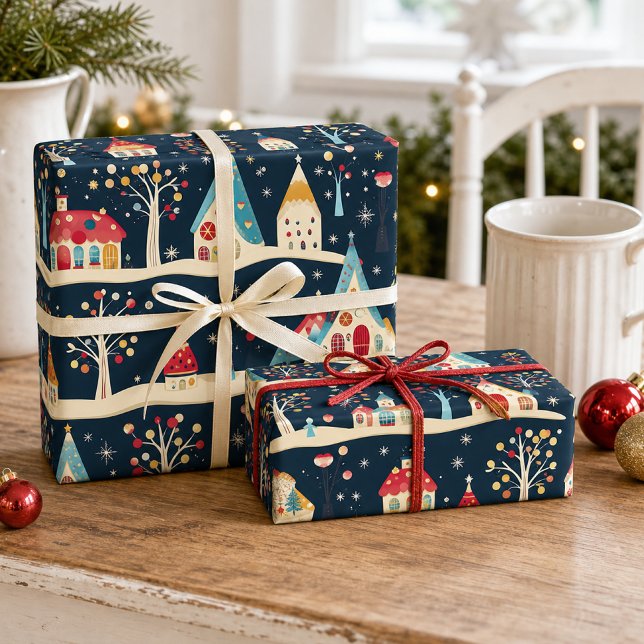Papel De Presente Aldeia de Natal Caprichosa e Divertida (Criador carregado)