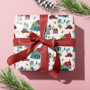 Papel De Presente Aldeia de Natal com Árvore e Carro Cor-de-Rosa Ret