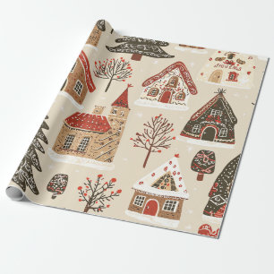 Papel De Presente Aldeia de Natal de Pão de Mel Creme Marrom Vermelh