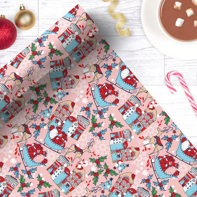 Papel De Presente Aldeia de Natal de Reindeer Rosa (Criador carregado)