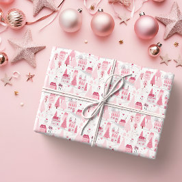 Papel De Presente Aldeia de Natal Rosa e Bonita Dia de Neve