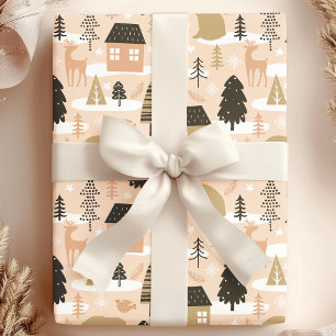 Papel De Presente Aldeia de Urso de Natal Rosa Preto Dourado Moderno