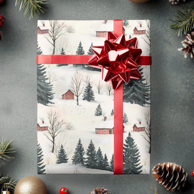 Papel De Presente Aldeia Rustic Red and White Snowy (Rustic Woodland Village Christmas Wrapping Paper)