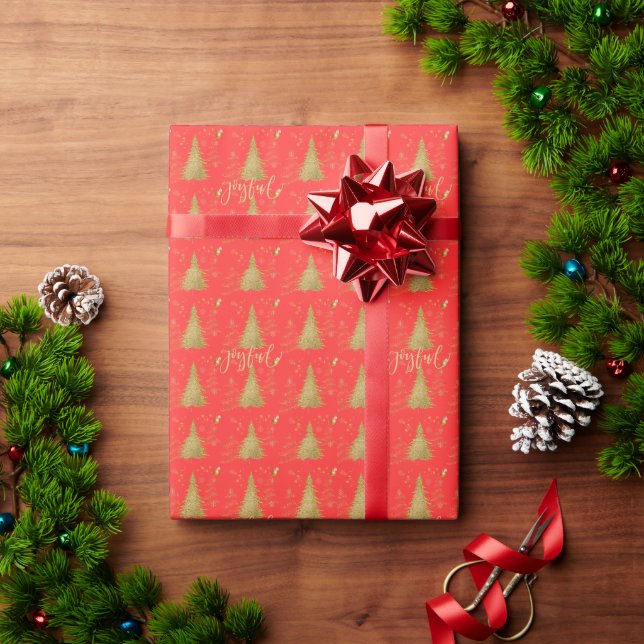 Papel De Presente Alegre em Dourado no Natal Vermelho (Presente de Natal)