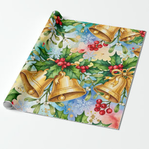 Papel De Presente Alegre Natal Colorido Dourado Sininhos Azevinho