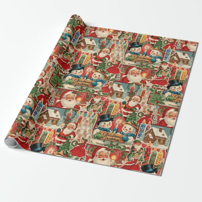 Papel De Presente Alegria de Meados do Século: Uma Colagem de Natal  (Desenrolado)