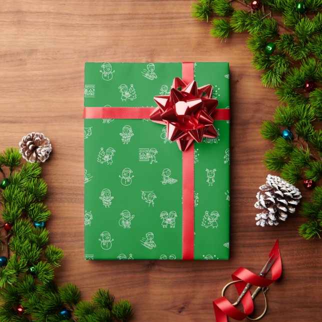 Papel De Presente Alegria de Natal com Figuras de Palito Branca sobr (Presente de Natal)