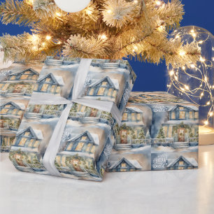 Papel De Presente Alegria para o Mundo Natal Noche Nevada Casa