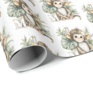 Papel De Presente Alfabeto de animais bebês em aquarela fofa Macaco