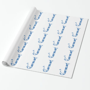 Papel De Presente alfabeto floral J (azul e pontos)
