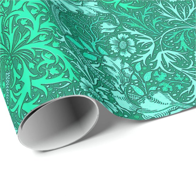 Papel De Presente Alga de Nouveau da arte floral, turquesa e Aqua (Ponta do rolo)