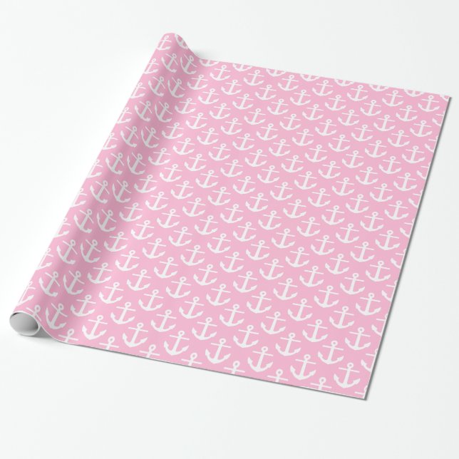 Papel De Presente Algodão Doce Rosa Branco Âncoras Náuticas Padrão (Desenrolado)