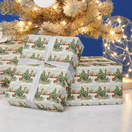 Papel De Presente Algodão Vermelho Natal Lanterna Pinheiros